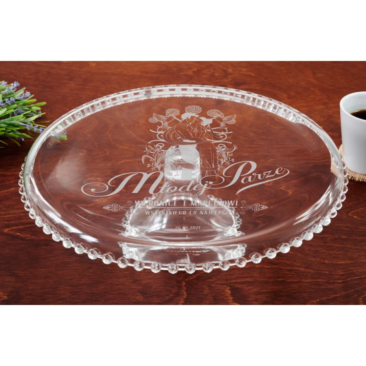 Glass cake stand with engraving - All the best - PAT019