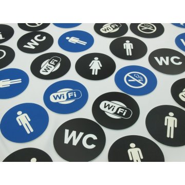 Pictograms - blue and black color - plaque with a diameter of 8 cm