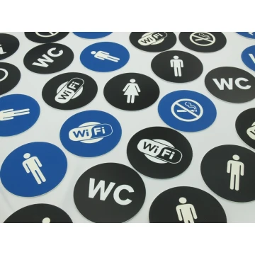 Pictograms - blue and black color - plaque with a diameter of 8 cm