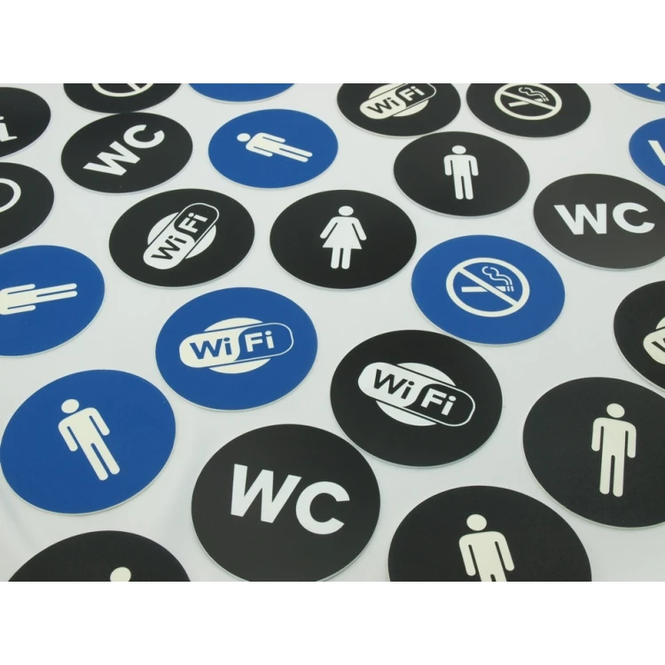 Pictograms - blue and black color - plaque with a diameter of 8 cm