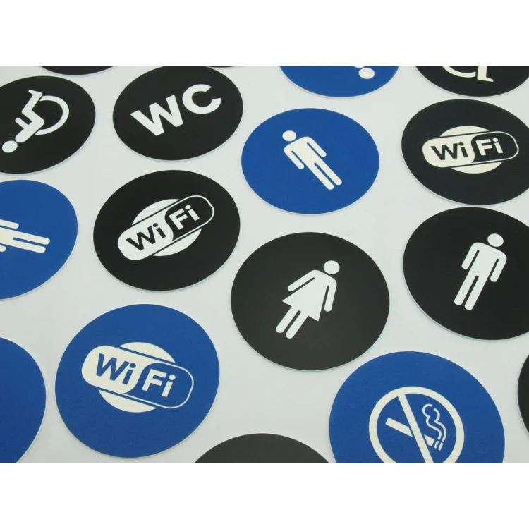 Pictograms - blue and black color - plaque with a diameter of 8 cm