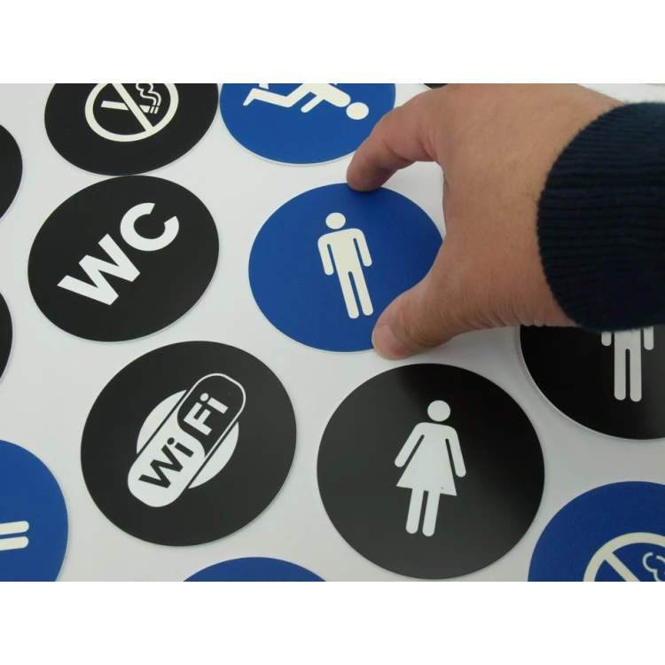 Pictograms - blue and black color - plaque with a diameter of 8 cm