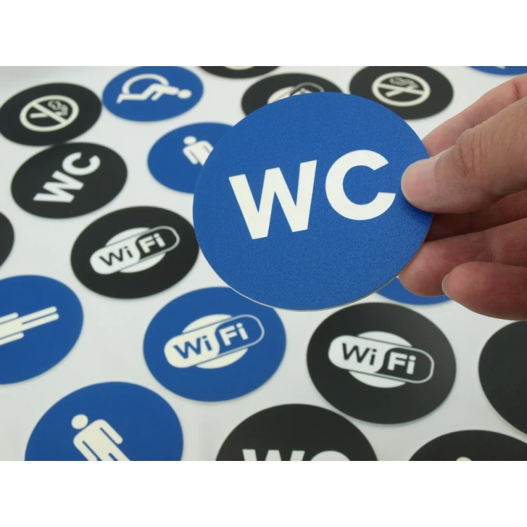 Pictograms - blue and black color - plaque with a diameter of 8 cm