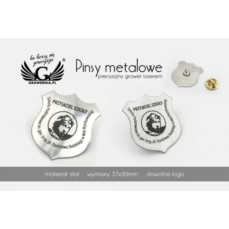 Pinsy School Friend - Steel Shields with Any Graphics - Size 27x30mm - Laser Engraving - PS035