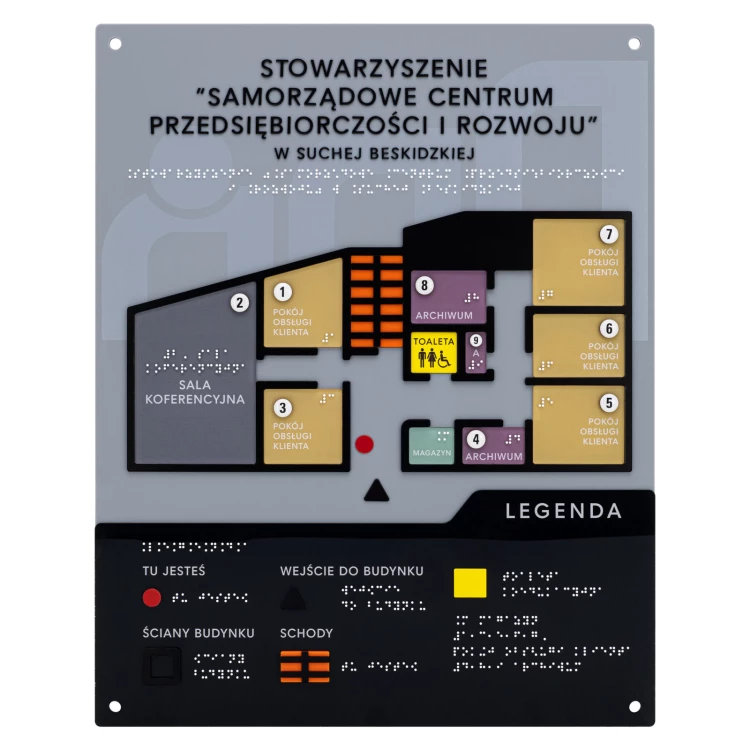 Braille plan with tile writing - ADA material, 3D doming, laminate and acrylic - Dimension 480x380 mm - TAB665
