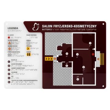 Braille plan with tile writing - ADA material, 3D doming, laminate and acrylic - Dimension 530x350 mm - TAB696