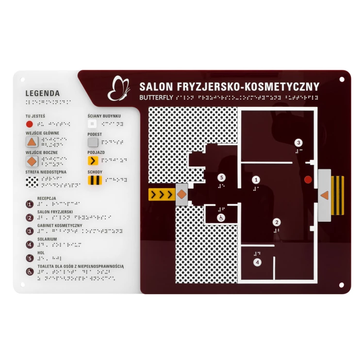 Braille plan with tile writing - ADA material, 3D doming, laminate and acrylic - Dimension 530x350 mm - TAB696