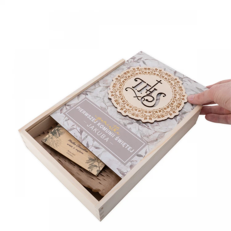 Communion Gift - prayer, greeting card, white cross, wooden box - COM016