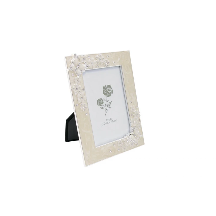 Rectangular Frame made of Beige Mother-of-Pearl for a Child's Photo - Flowers and Butterflies - RAM006