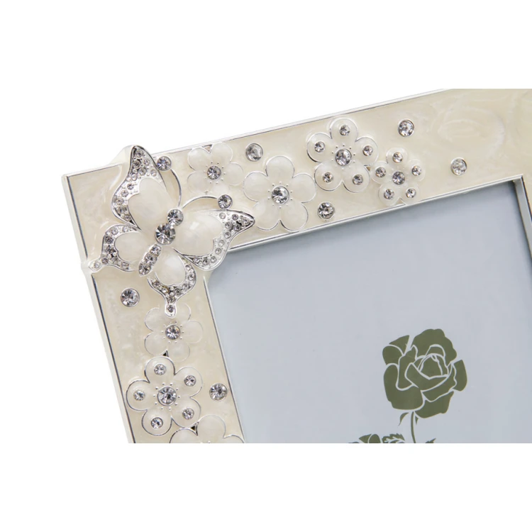 Rectangular Frame made of Beige Mother-of-Pearl for a Child's Photo - Flowers and Butterflies - RAM006
