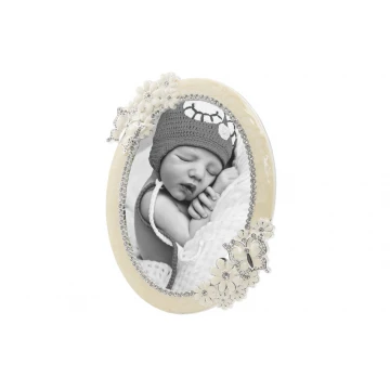 Oval Frame made of Beige Mother-of-Pearl for Baby Picture - Flowers and Butterflies - RAM007