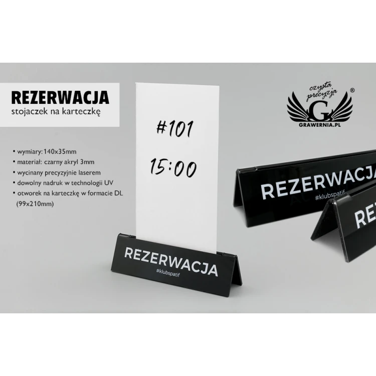 Reservation - card holder stand - size 140x35mm - black acrylic - REZ010