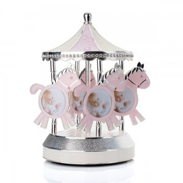 Pink Carousel Photo Holder with Music Box - Horses - Holy Baptism Souvenir - POZ003