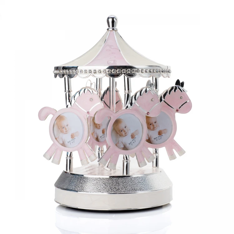 Pink Carousel Photo Holder with Music Box - Horses - Holy Baptism Souvenir - POZ003