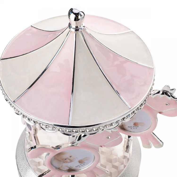 Pink Carousel Photo Holder with Music Box - Horses - Holy Baptism Souvenir - POZ003