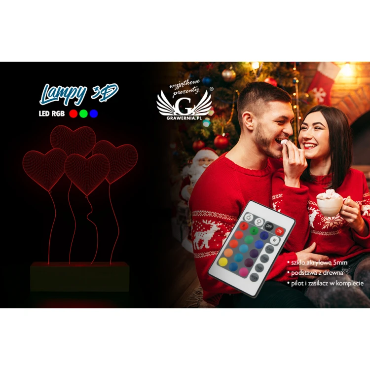Hearts - Valentine's 3D LED RGB Lamp Controlled by Remote - L3D011