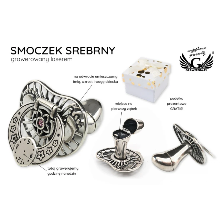 Silver pacifier with a compartment for a milk tooth - pattern SRB028 - Holy Baptism Souvenir