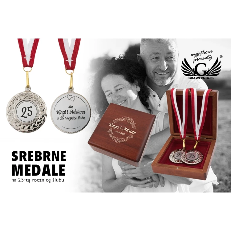 Silver Medals for 25th Silver Wedding Anniversary - Set in Wooden Case - MGR004