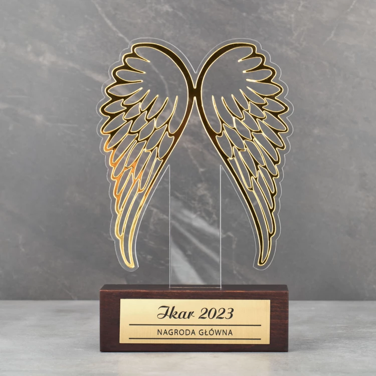 Icarus Wings Acrylic Statuette on Wooden Pedestal - DTA095 - height 21 cm