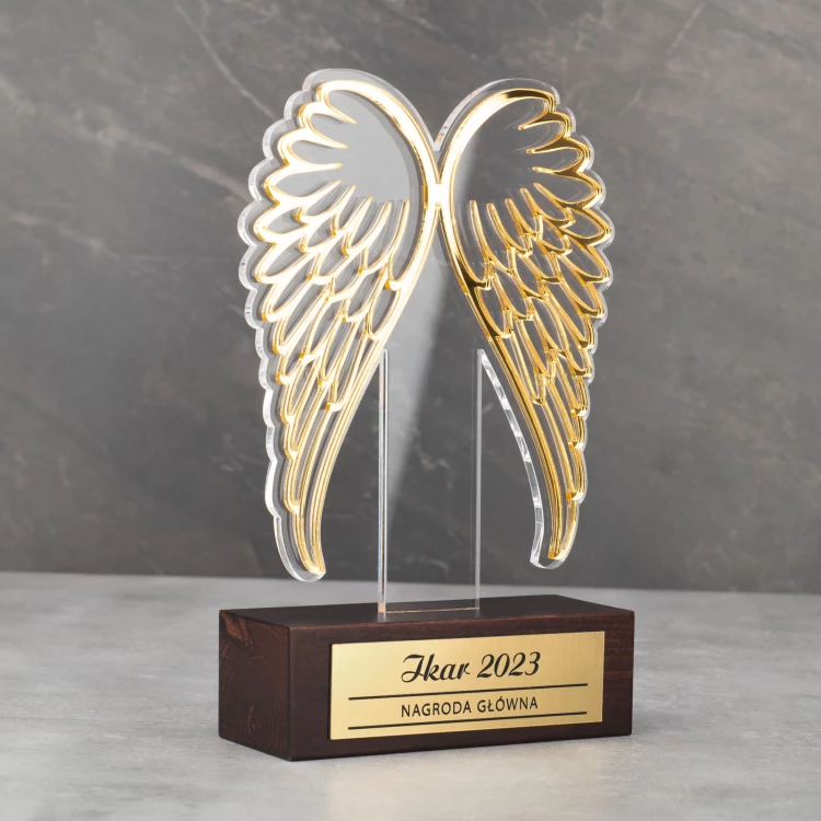 Icarus Wings Acrylic Statuette on Wooden Pedestal - DTA095 - height 21 cm