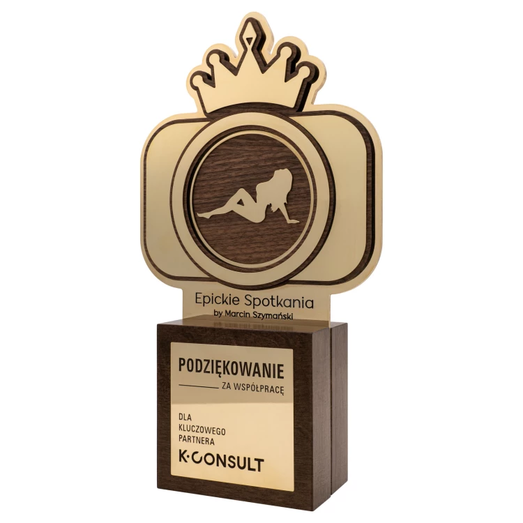 Exclusive business statuette with engraving - solid wood and brass - H 294 mm - DTA169
