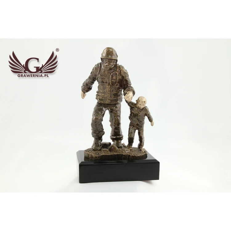 Firefighter with Child Statuette - Attractive Cast Figurine - Height 19.5 cm