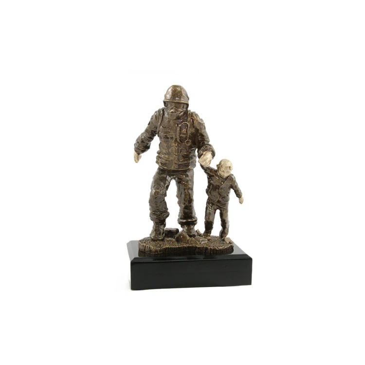 Firefighter with Child Statuette - Attractive Cast Figurine - Height 19.5 cm