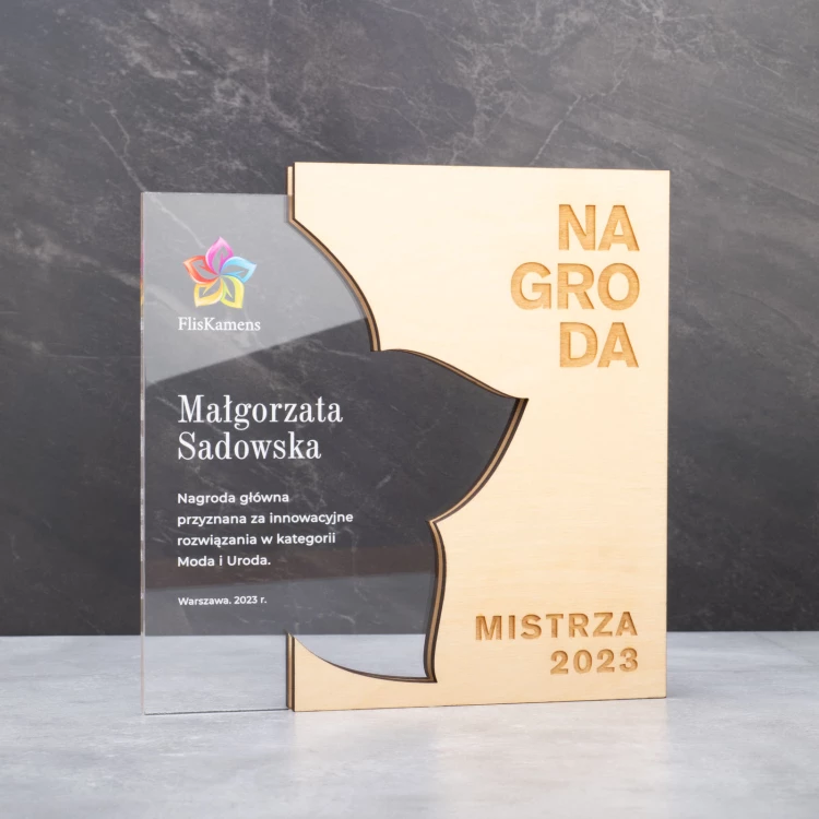 Glass Statuette with Wooden Elements - Anniversary Award for Company - Height 20.8cm - DTA106