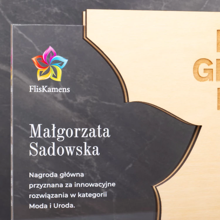 Glass Statuette with Wooden Elements - Anniversary Award for Company - Height 20.8cm - DTA106