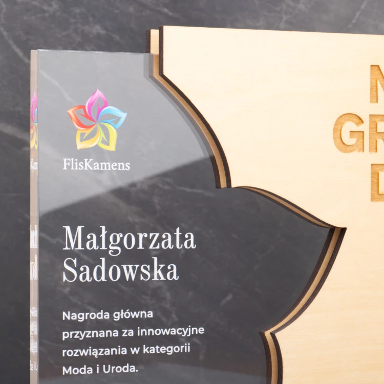 Glass Statuette with Wooden Elements - Anniversary Award for Company - Height 20.8cm - DTA106