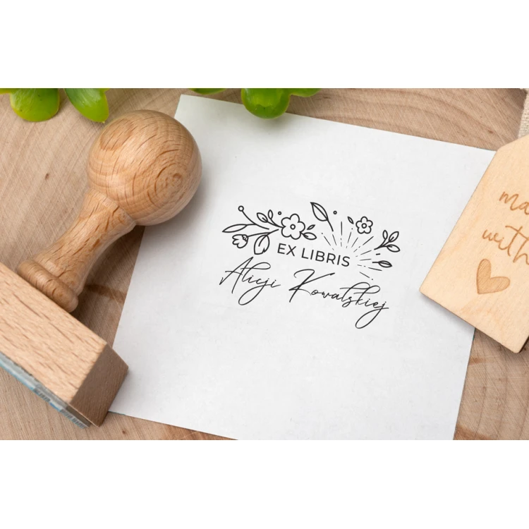Ex Libris Stamp for Ink Imprinting - Flowers - Handle Dimensions 50x30mm - EX022