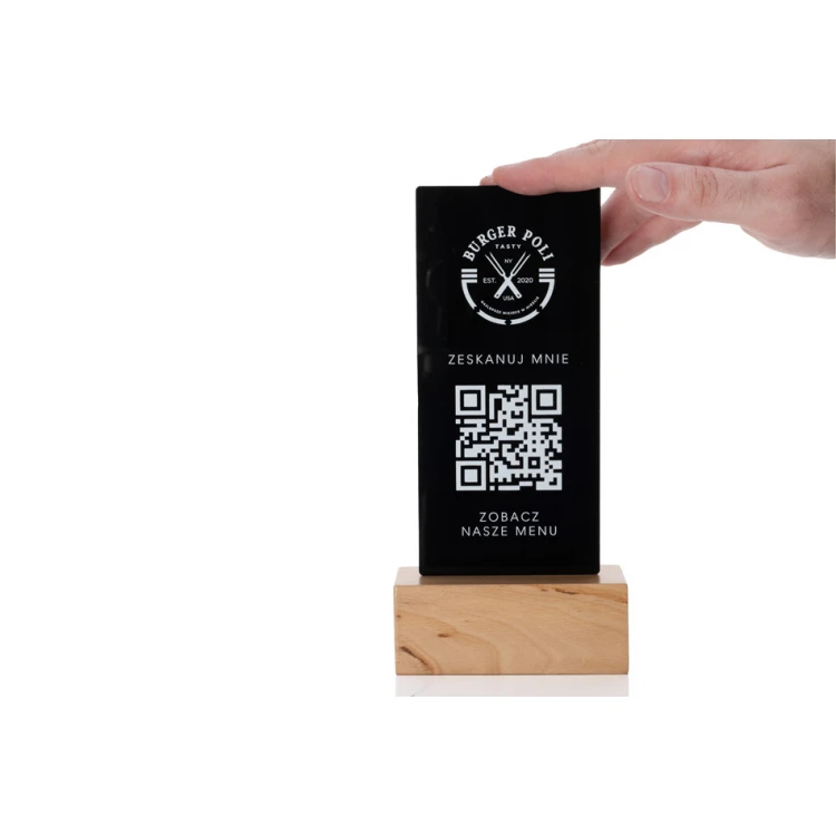Information Stand with QR Code - Black Plexi on Wooden Pedestal - ST027