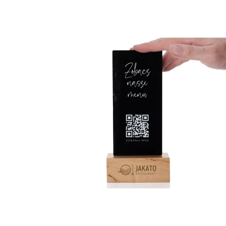 Information Stand with QR Code - Black Plexi on Wooden Pedestal - ST030