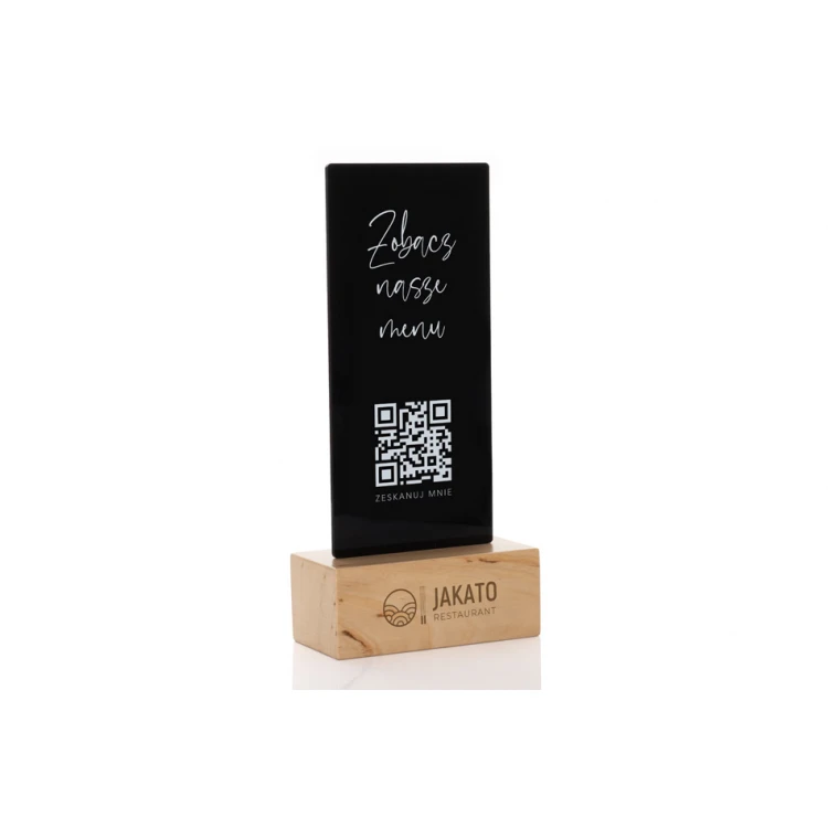 Information Stand with QR Code - Black Plexi on Wooden Pedestal - ST030
