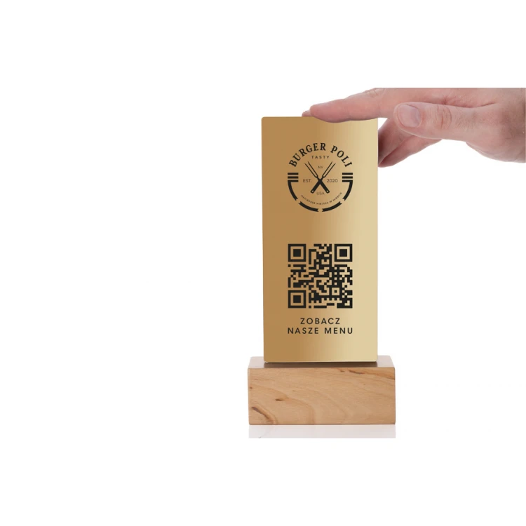 Information Stand with QR Code - Gold Plexi on Wooden Pedestal - ST049