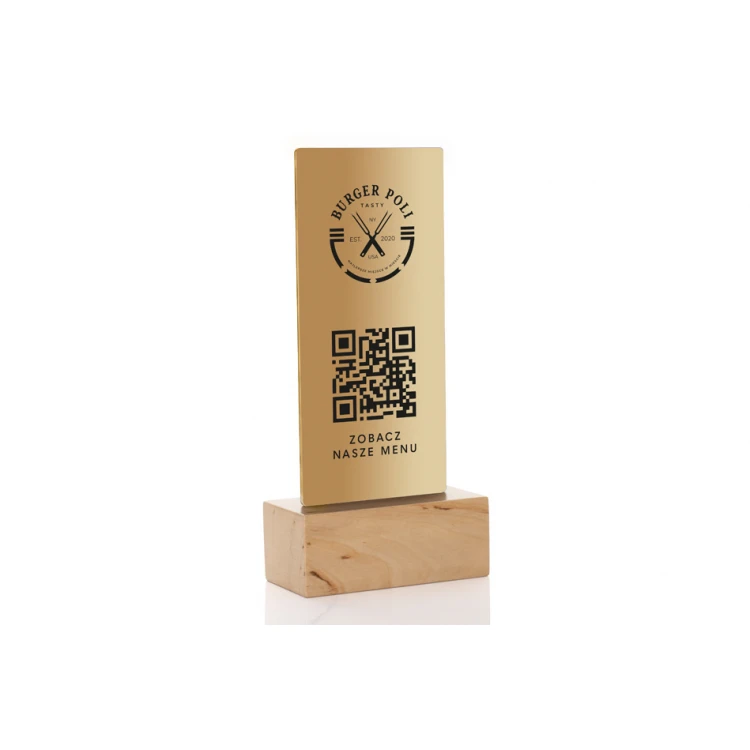 Information Stand with QR Code - Gold Plexi on Wooden Pedestal - ST049