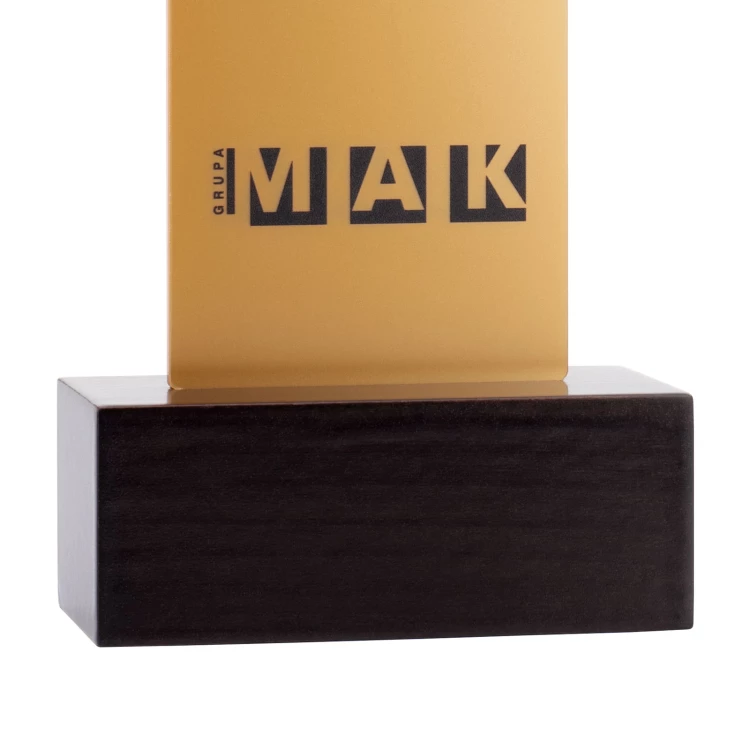 Information stand with company logo - gold acrylic on wooden pedestal - ST056