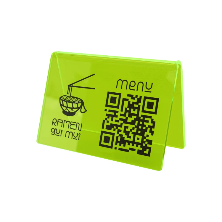 Menu stand with QR code - neon green acrylic with UV print - size 100x70mm - ST073