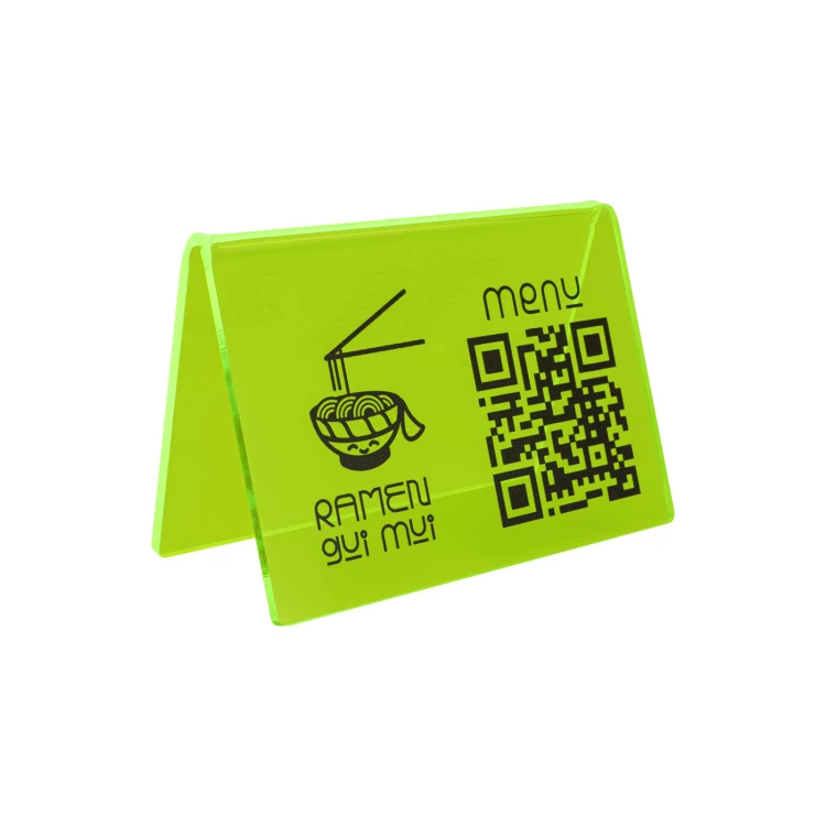 Menu stand with QR code - neon green acrylic with UV print - size 100x70mm - ST073
