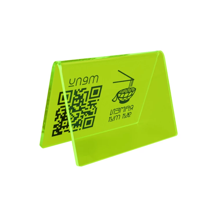 Menu stand with QR code - neon green acrylic with UV print - size 100x70mm - ST073