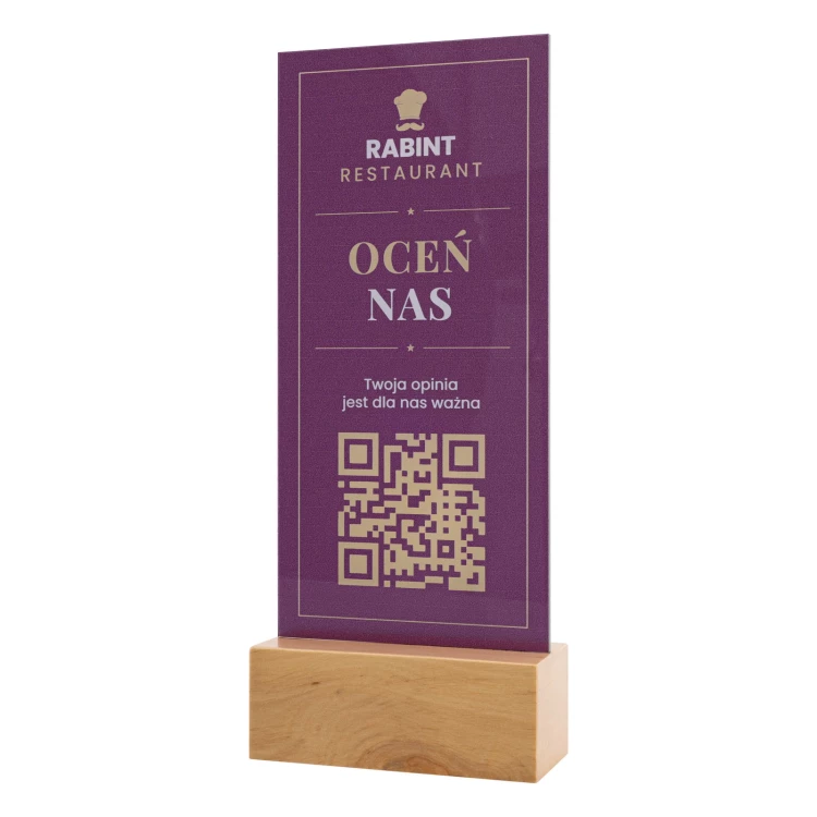 Menu stand with QR code - transparent acrylic with UV print - height 25 cm - ST064