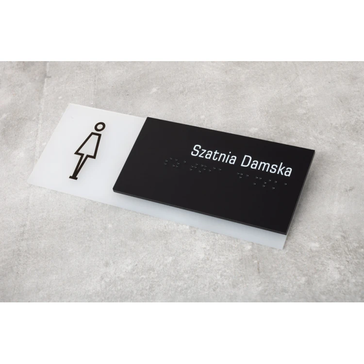 Women's cloakroom - Braille lettering plaque for door or wall - frosted plexi and black ADA size 200x75mm - TAB282