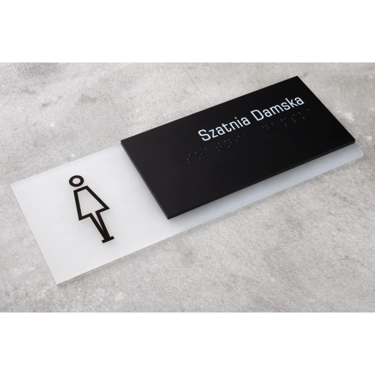 Women's cloakroom - Braille lettering plaque for door or wall - frosted plexi and black ADA size 200x75mm - TAB282