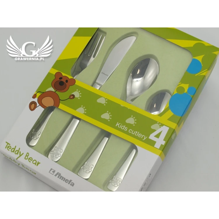 Amefa Teddy Bear Cutlery with Any Engraving - Exclusive 4-Piece Set for Children - ZSZ003