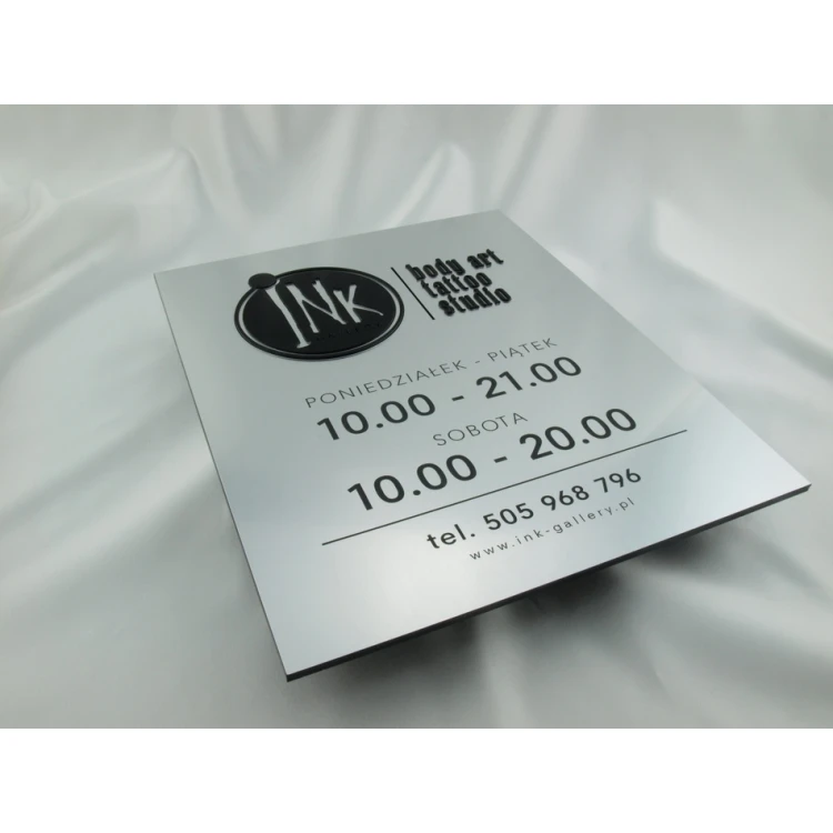 COMPANY SIGN with EMBOSSED LOGO and OPENING HOURS - silver - SZ061 - dimensions 315x254mm