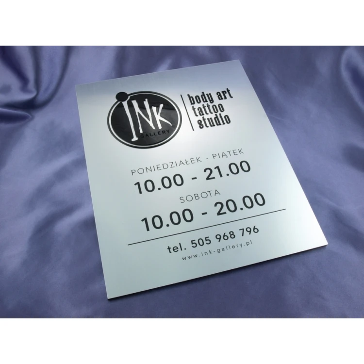 COMPANY SIGN with EMBOSSED LOGO and OPENING HOURS - silver - SZ061 - dimensions 315x254mm