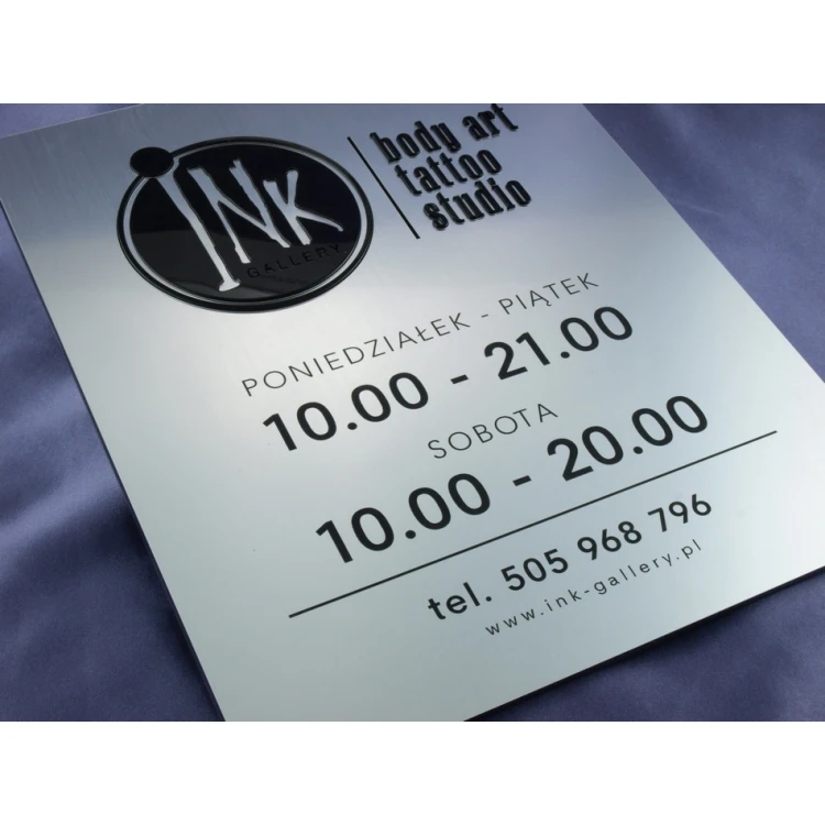 COMPANY SIGN with EMBOSSED LOGO and OPENING HOURS - silver - SZ061 - dimensions 315x254mm