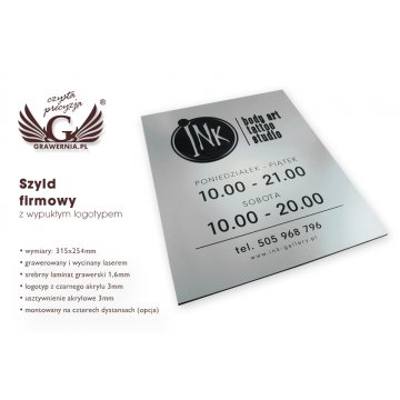 COMPANY SIGN with EMBOSSED LOGO and OPENING HOURS - silver - SZ061 - dimensions 315x254mm