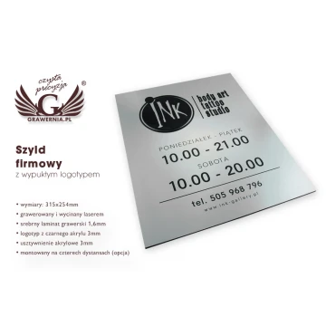 COMPANY SIGN with EMBOSSED LOGO and OPENING HOURS - silver - SZ061 - dimensions 315x254mm