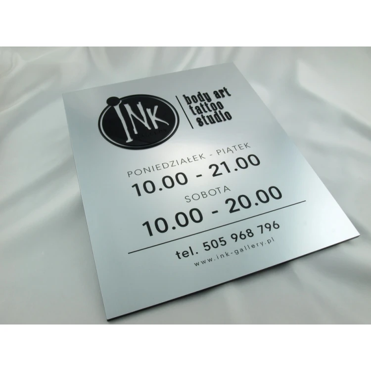COMPANY SIGN with EMBOSSED LOGO and OPENING HOURS - silver - SZ061 - dimensions 315x254mm